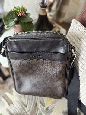 Coach Men’s Brown Signature Canvas Crossbody with Dark Brown Leather Trim